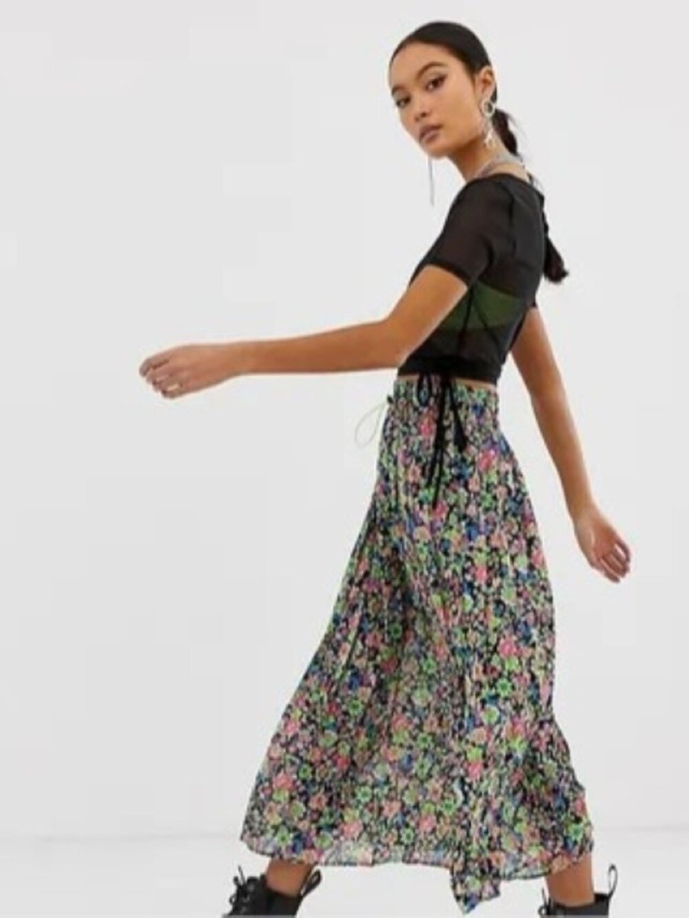 COLLUSION Sheer Pleated Neon Floral Print Black Maxi Skirt Women's 10 08119474
